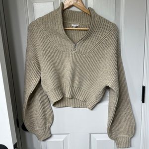 Puff sleeve quarter zip knit crop sweater
